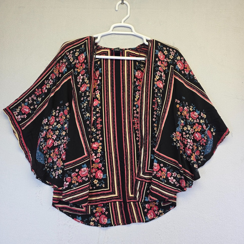 Angie Kimono Top Womens M Black Floral Boho Peasant Festival Open Front Cold Sho